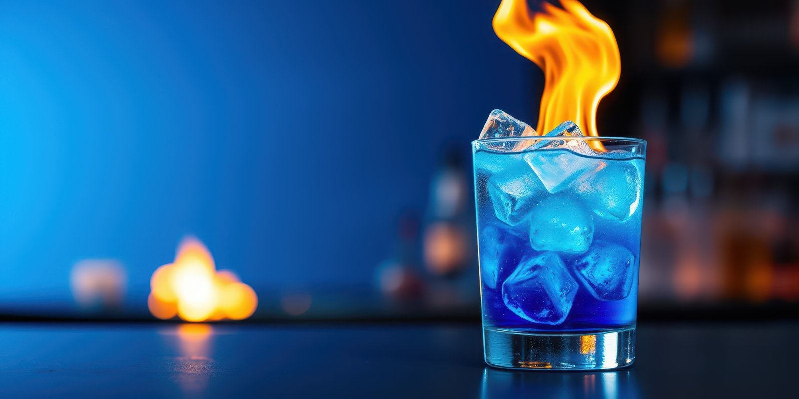 Unique cocktail with blue liquid and flaming garnish served in a glass on a bar counter at night